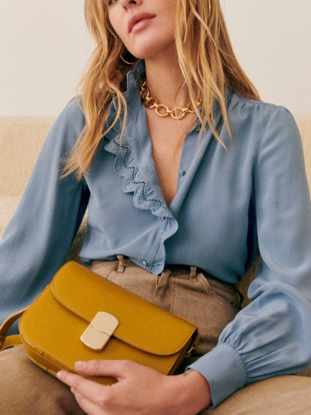 Sezane Silk Chlo Blouse In Vintage Blue
